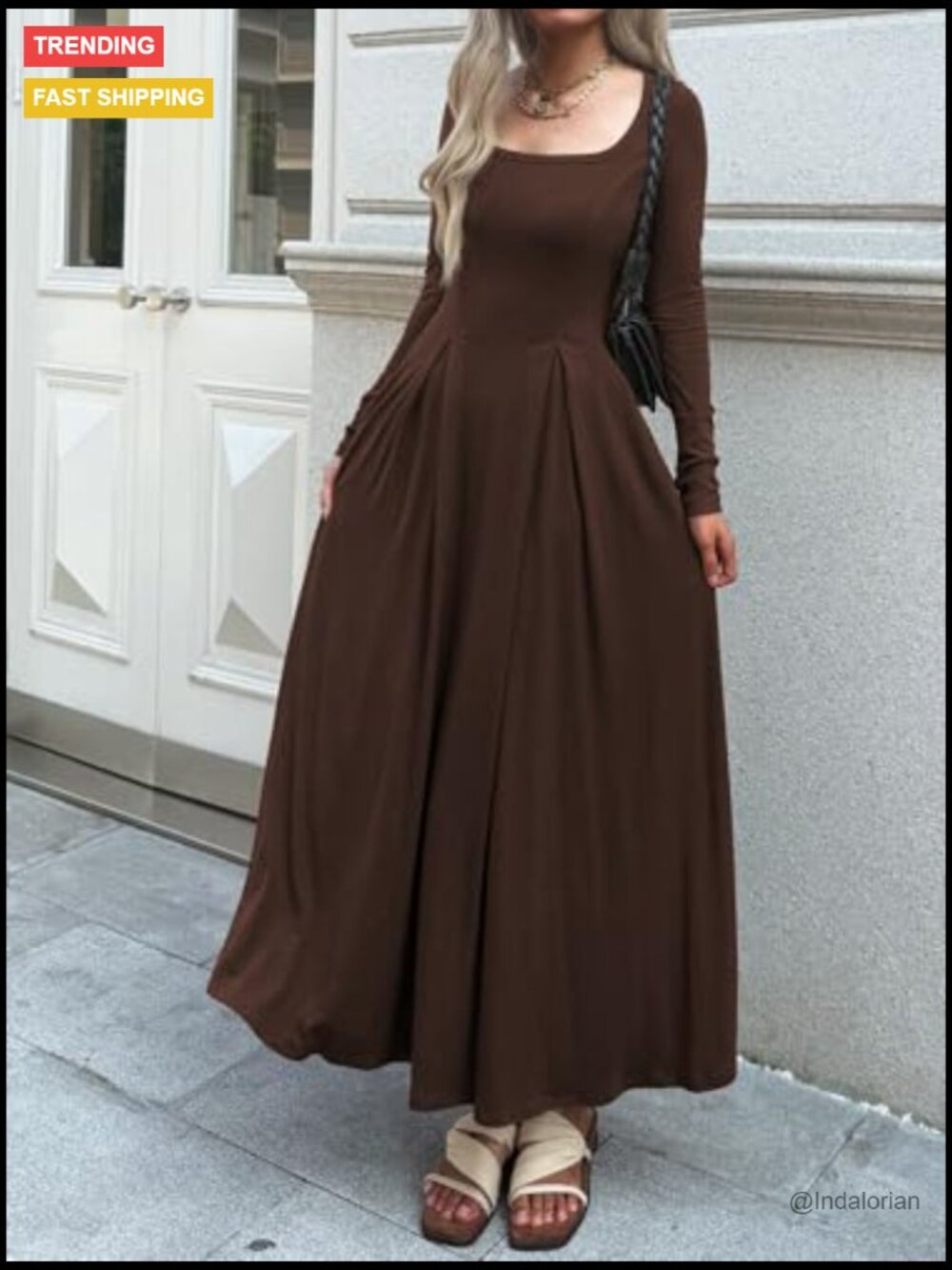 Long Sleeve Square Neck Maxi Dress A-Line Pleated Flowy with Pockets - Picture 2 of 6